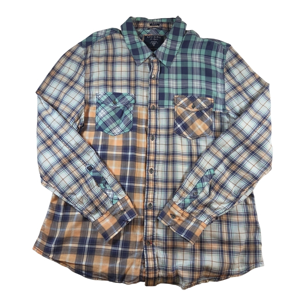 Guess Mens Retro  Blue and Green Casual Button Down Shirt Size XL